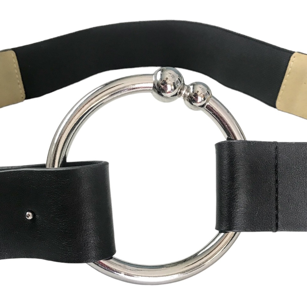 CHICO’S Stretch Belt Black with 4”Large Silver Ring Buckle Size Medium